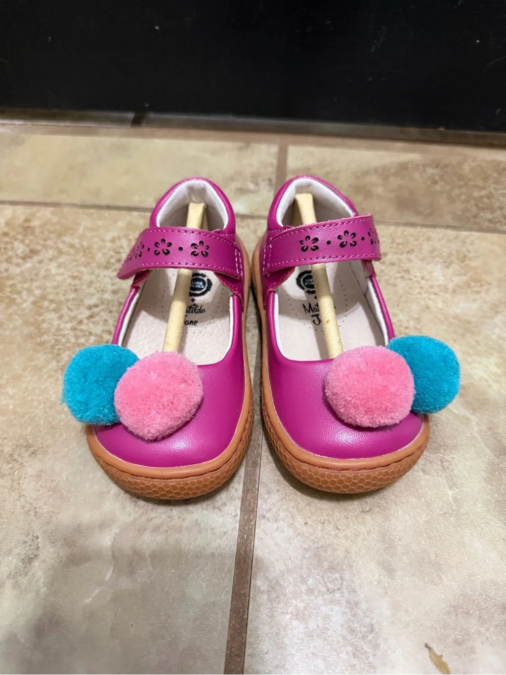Livie & Luca Purple Matilda Jane Shoes with Blue and Pink Poms